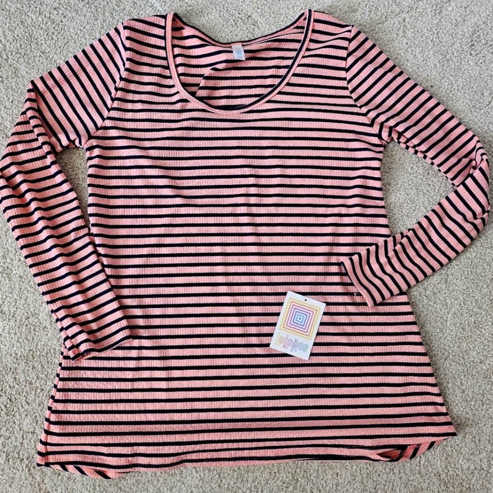 LuLa Roe Pink Navy Blue Striped Long Sleeve T-Shirt Blouse Tee Top Size Medium